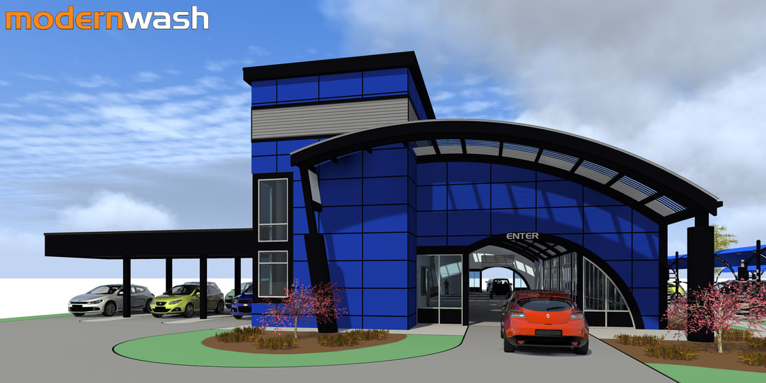 Blue Express Tunnel Car Wash with Blue Cladding  Curved Roof and Pay Canopy