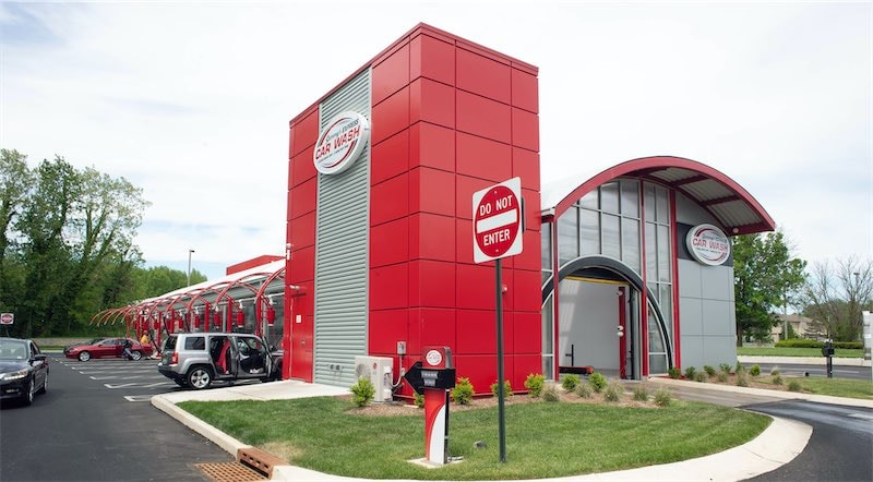 Red Express Car Wash with Tower and Curved Roof in New Jersey